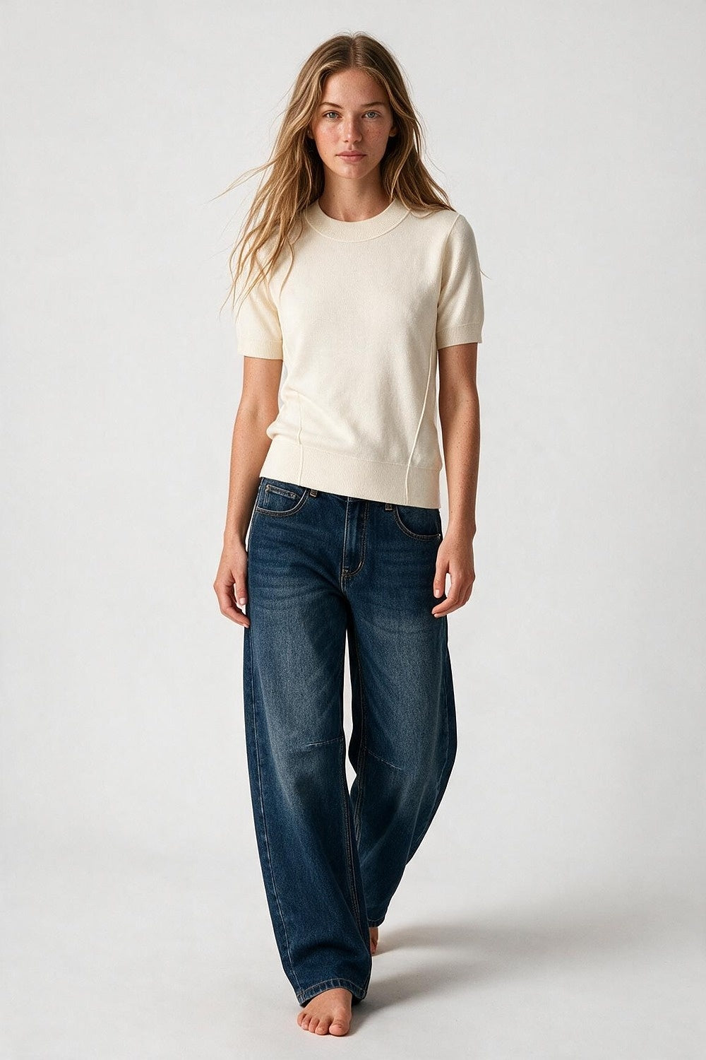 Cream Merino Wool Blend Fine Knit Ribbed Short Sleeve sweater - Jumpers