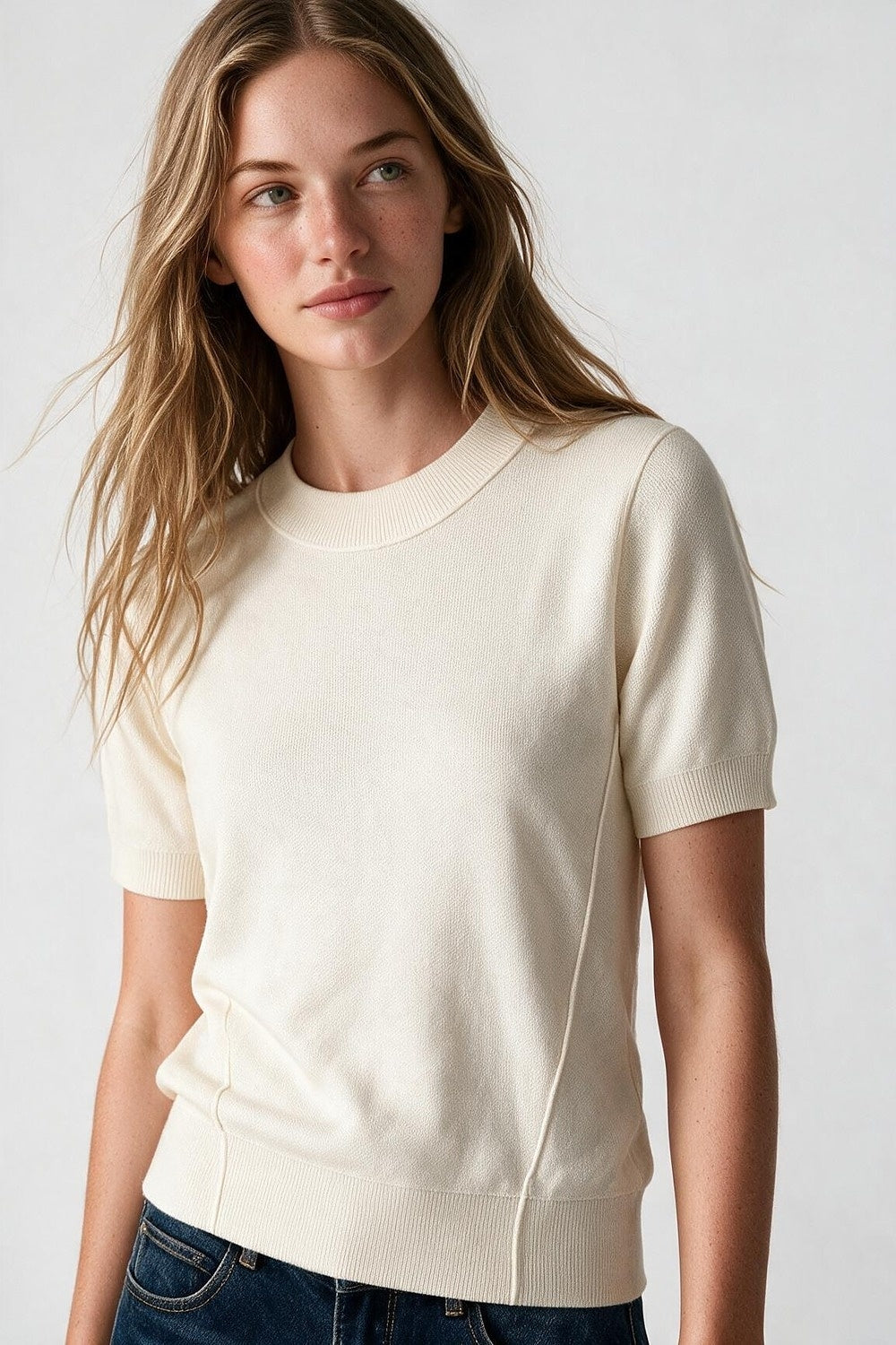Cream Merino Wool Blend Fine Knit Ribbed Short Sleeve sweater - Jumpers