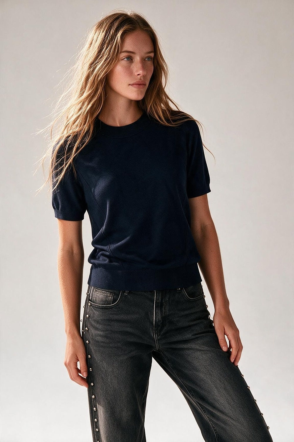 Navy Merino Wool Blend Fine Knit Short Sleeve Sweater - Jumpers