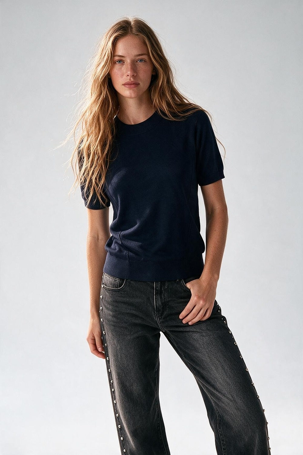 Navy Merino Wool Blend Fine Knit Short Sleeve Sweater - Jumpers