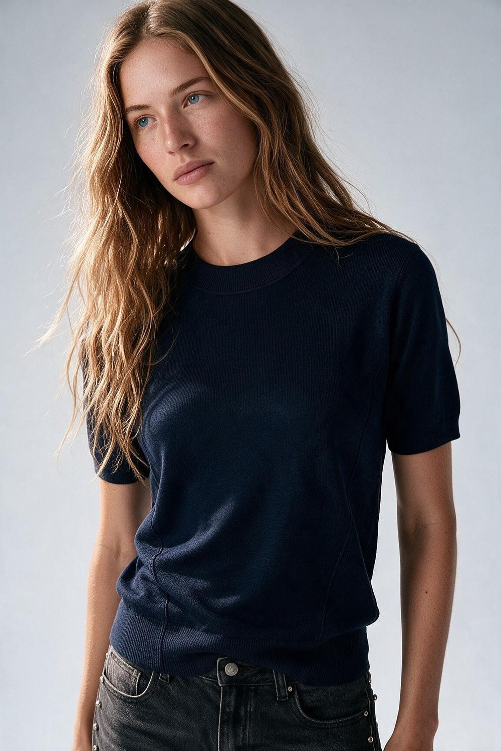 Navy Merino Wool Blend Fine Knit Short Sleeve Sweater - Jumpers
