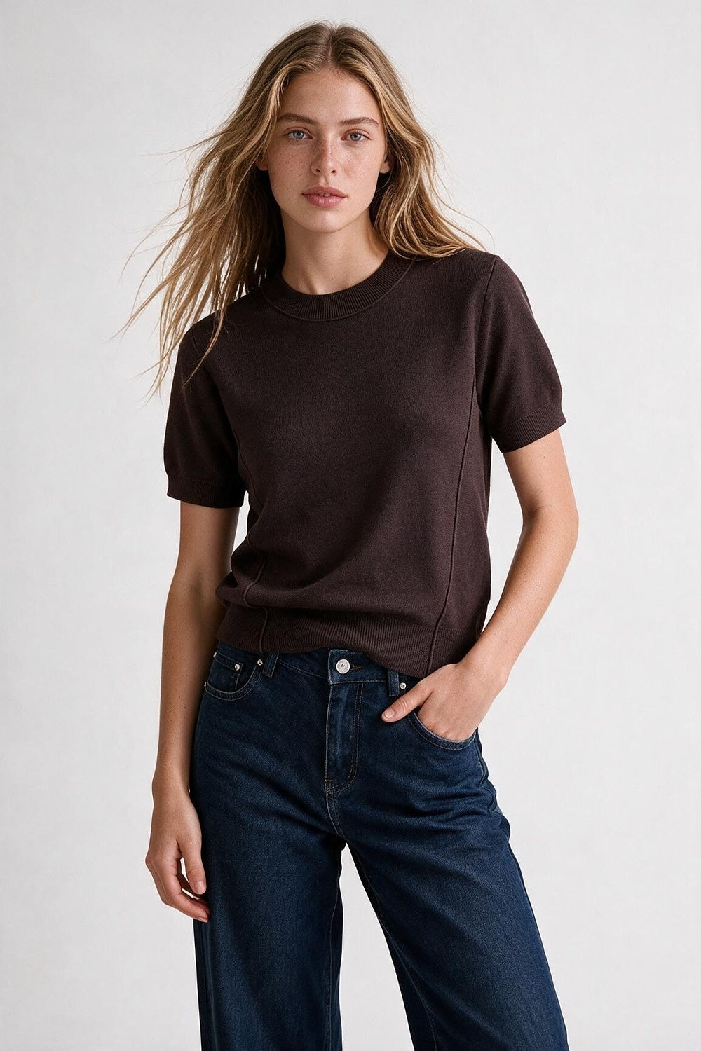Brown Merino Wool Blend Fine Knit Ribbed Short Sleeve sweater - Tops