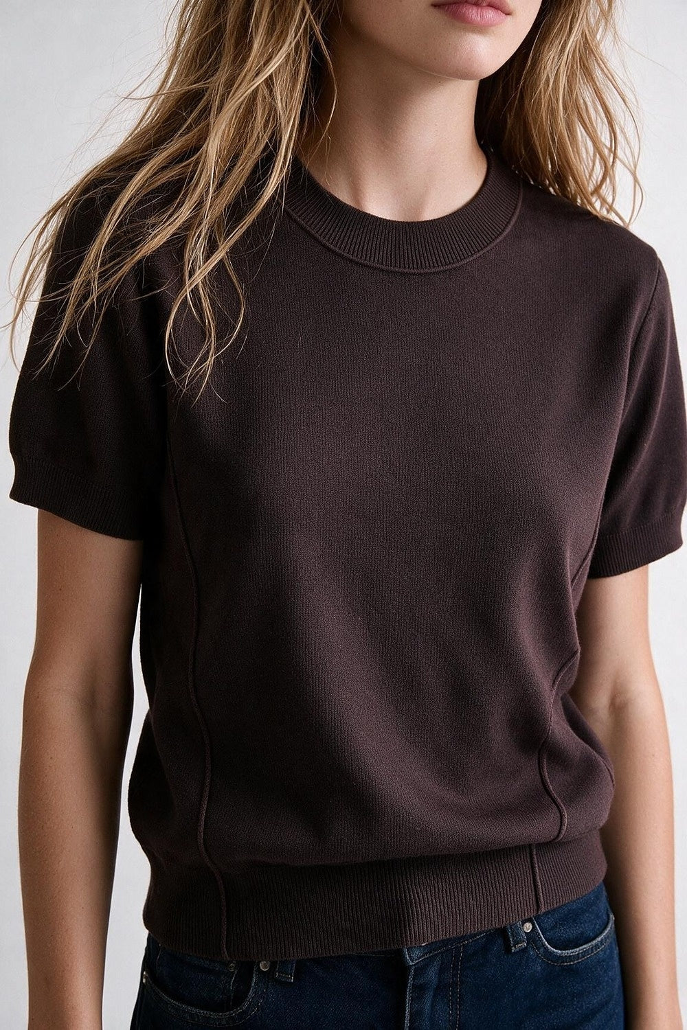 Brown Merino Wool Blend Fine Knit Ribbed Short Sleeve sweater - Tops