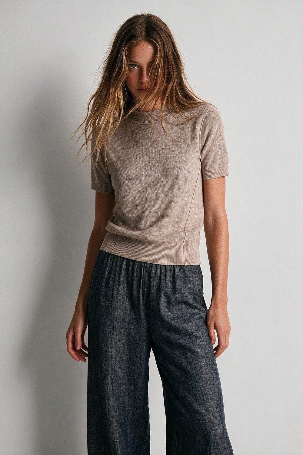 Pink Merino Wool Blend Fine Knit Short Sleeve Sweater - Jumpers