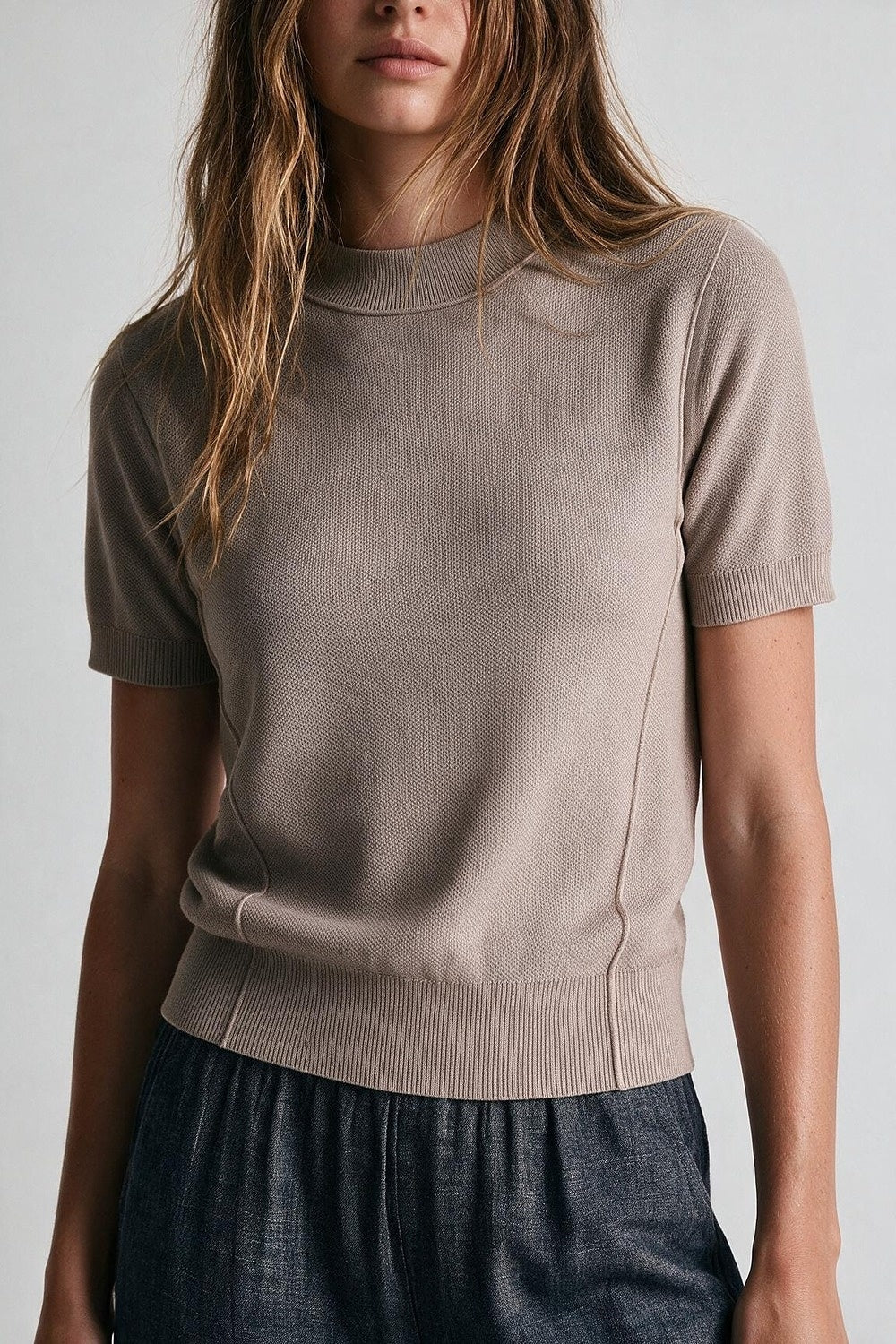Pink Merino Wool Blend Fine Knit Short Sleeve Sweater - Jumpers