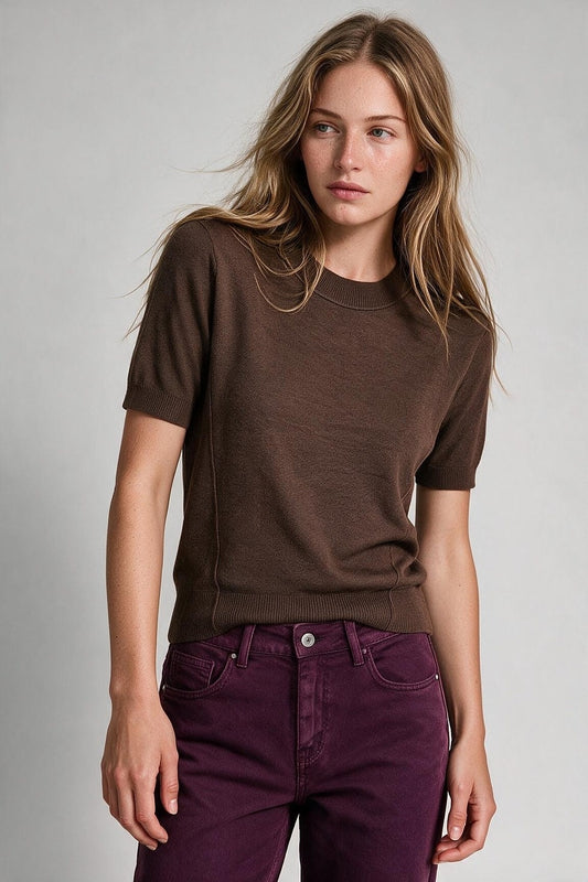 Camel Merino Wool Blend Fine Knit Ribbed Short Sleeve Sweater - Jumpers