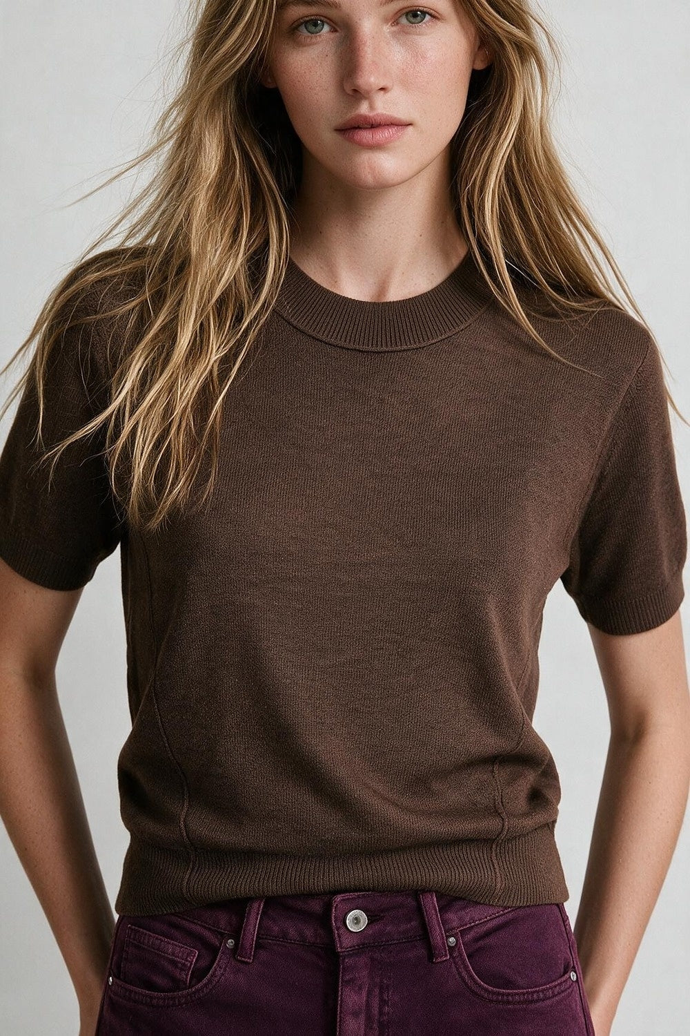 Camel Merino Wool Blend Fine Knit Ribbed Short Sleeve Sweater - Jumpers