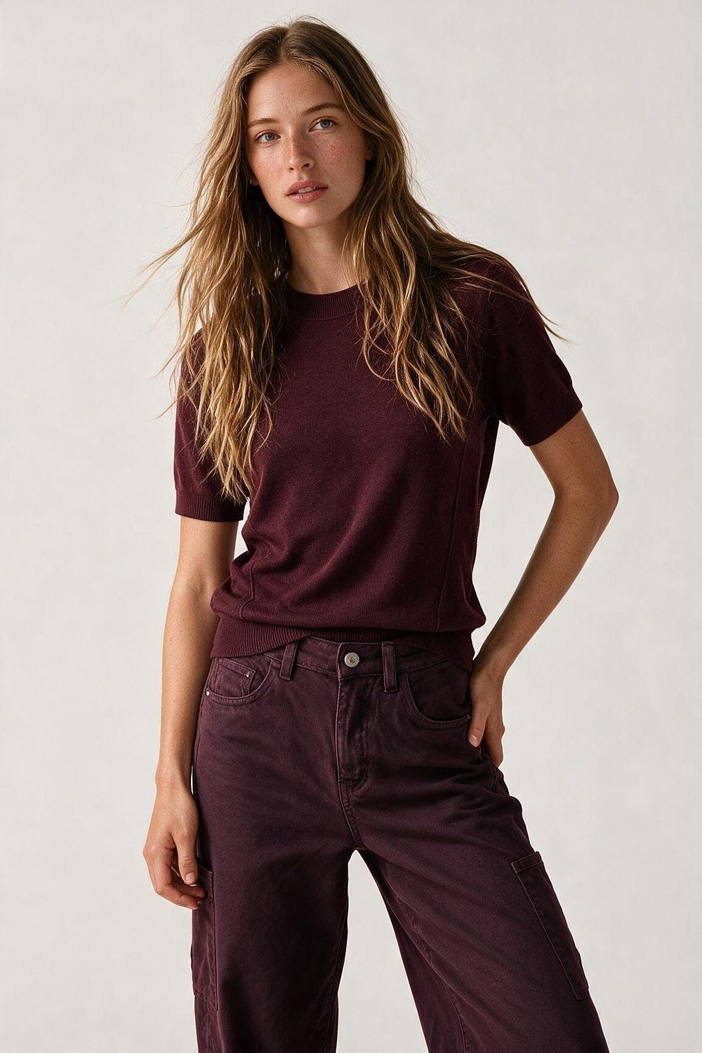 Purple Merino Wool Blend Fine Knit Short Sleeve Sweater - Jumpers
