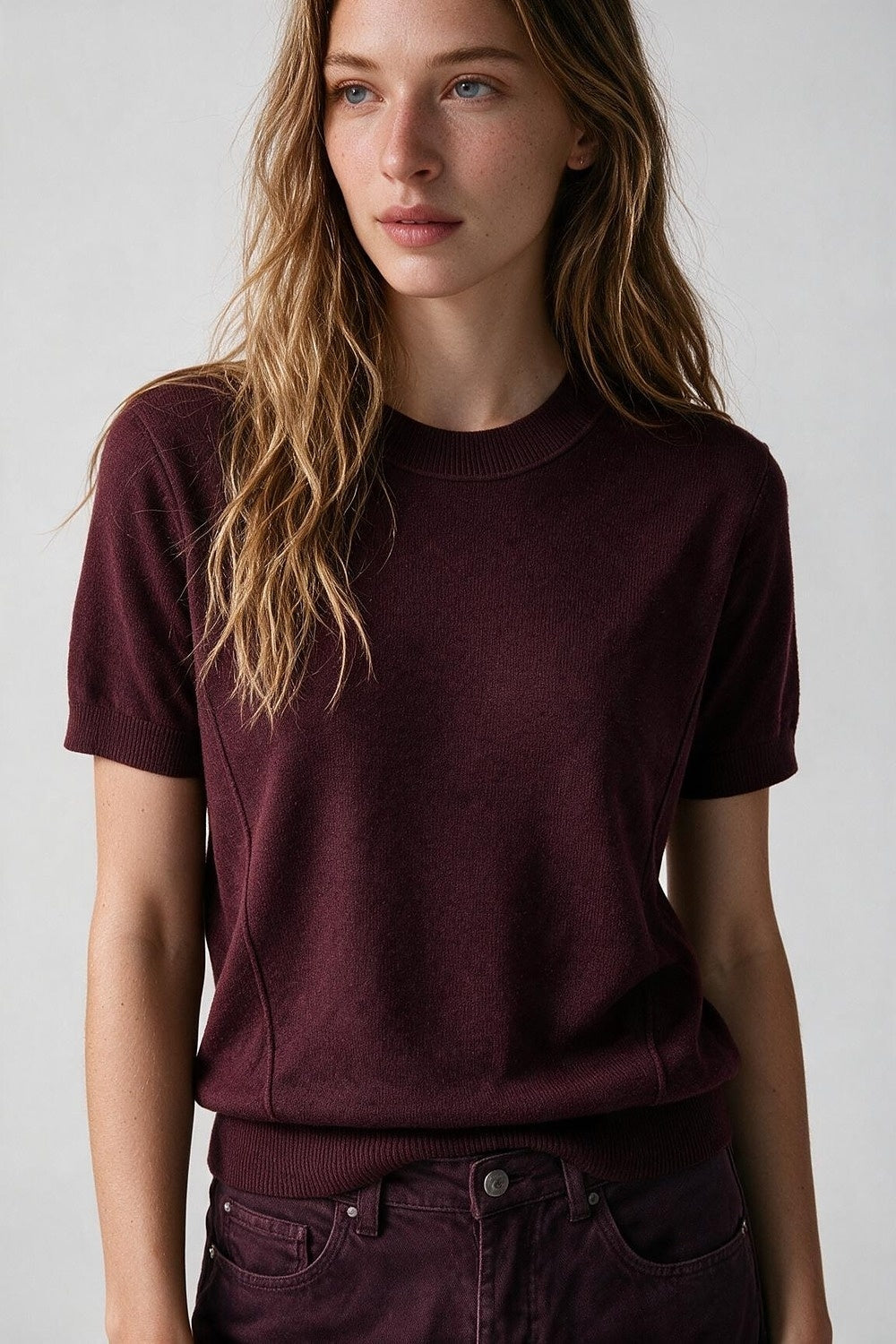 Purple Merino Wool Blend Fine Knit Short Sleeve Sweater - Jumpers
