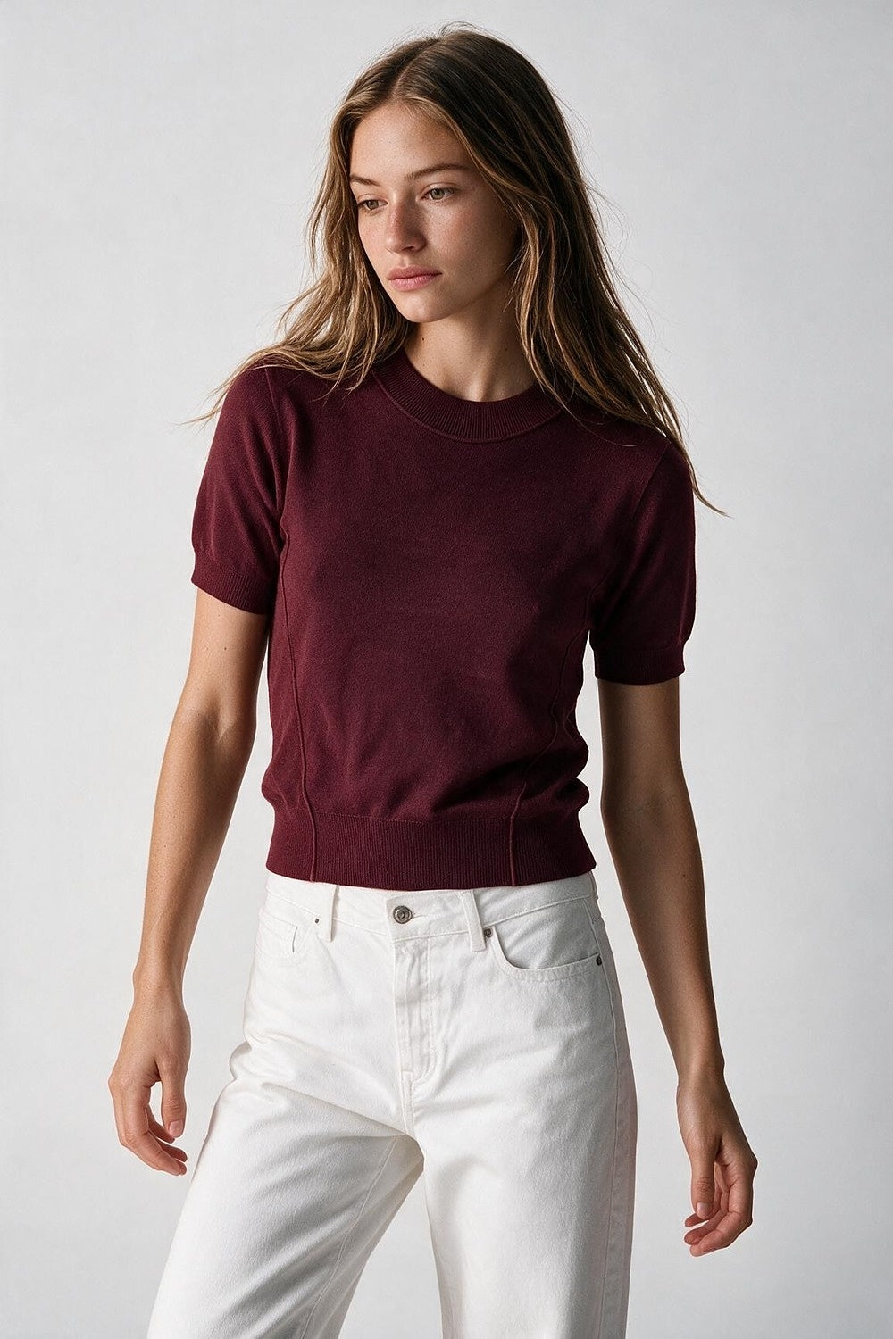 Burgundy Merino Wool Blend Fine Knit Short Sleeve Sweater - Jumpers