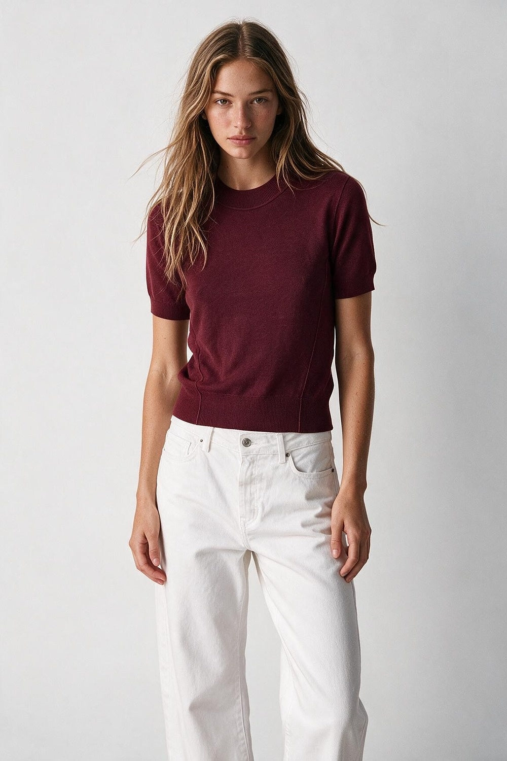 Burgundy Merino Wool Blend Fine Knit Short Sleeve Sweater - Jumpers