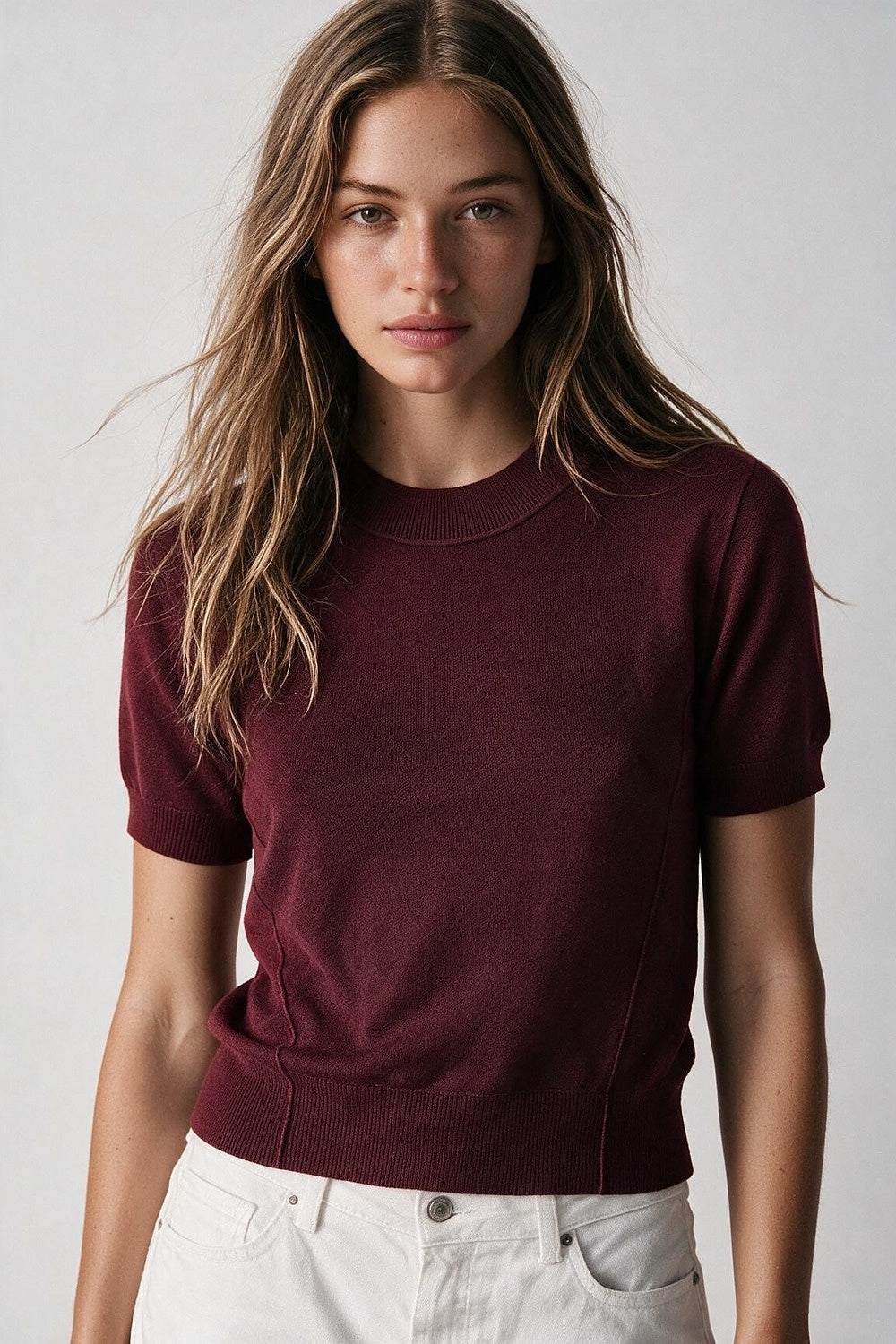 Burgundy Merino Wool Blend Fine Knit Short Sleeve Sweater - Jumpers