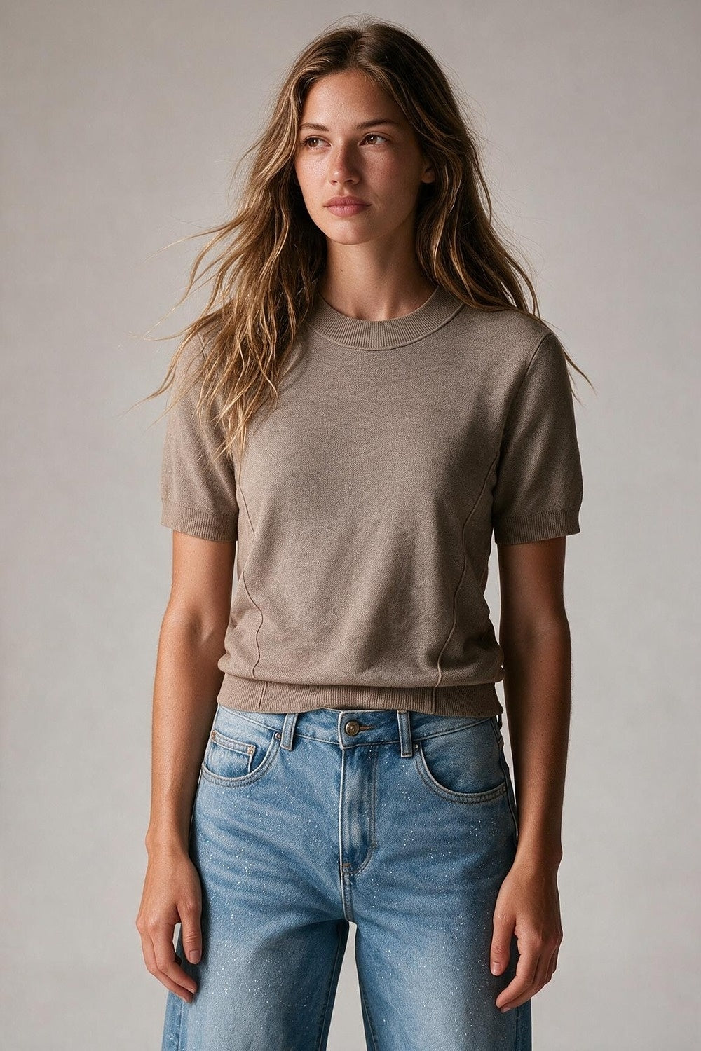 Fango Merino Wool Blend Fine Knit Short Sleeve Sweater - Jumpers