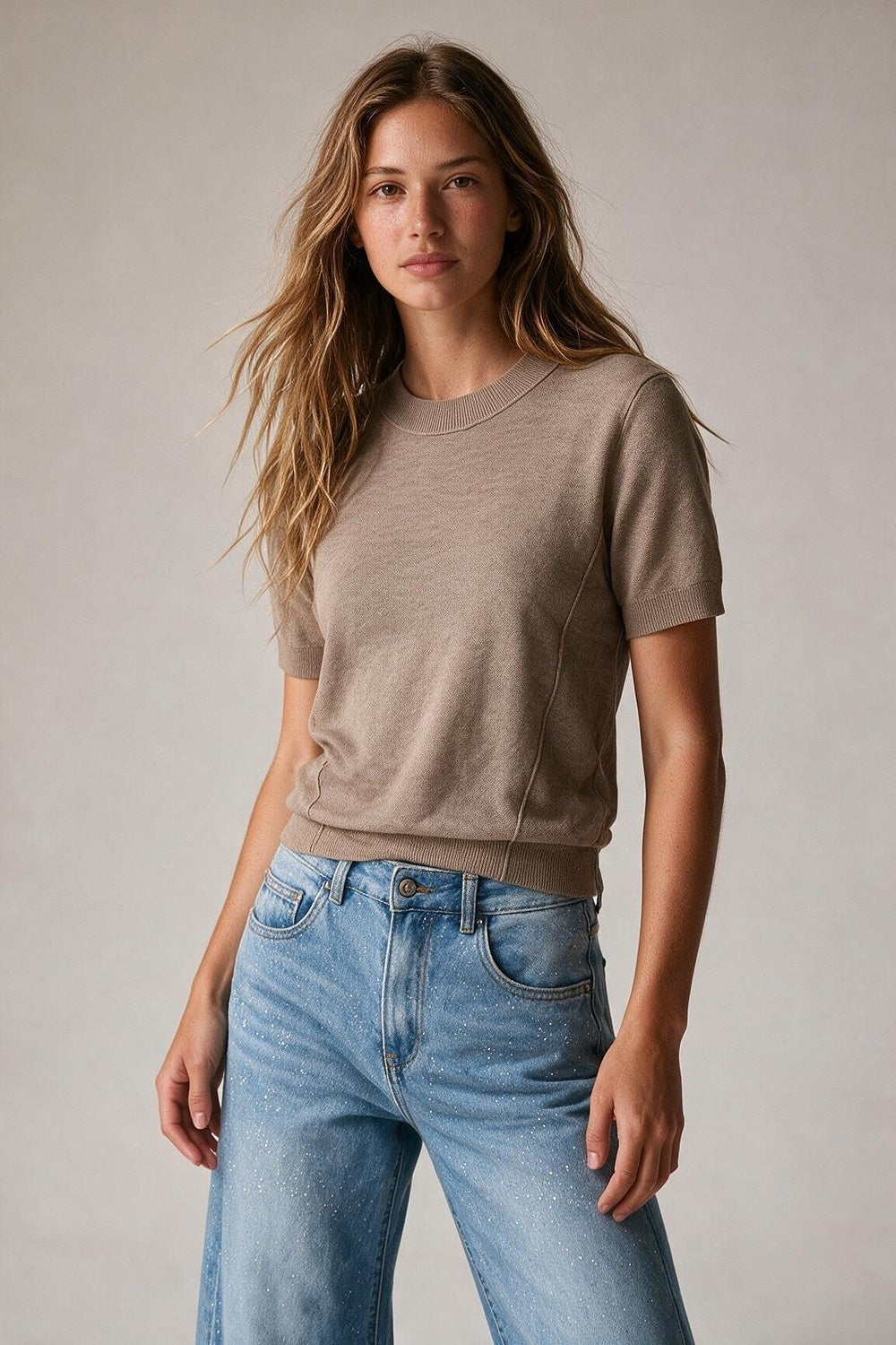 Fango Merino Wool Blend Fine Knit Short Sleeve Sweater - Jumpers
