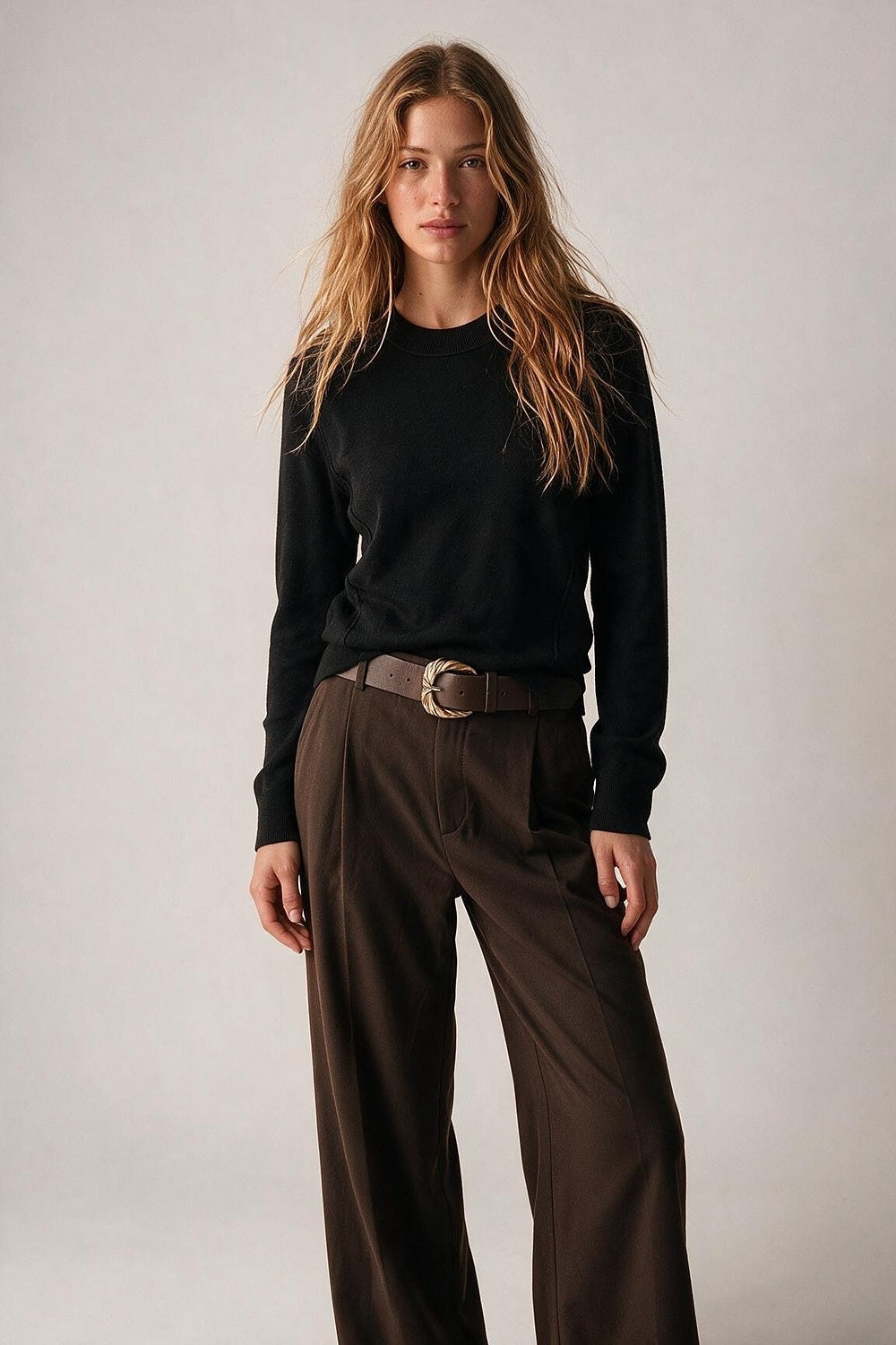 Black Merino Wool Blend Fine Knit long sleeves Seam Detail Sweater - Jumpers