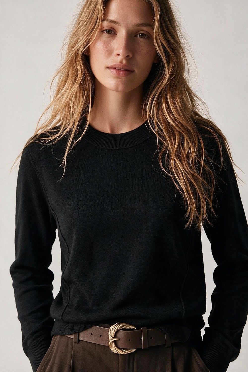 Black Merino Wool Blend Fine Knit long sleeves Seam Detail Sweater - Jumpers