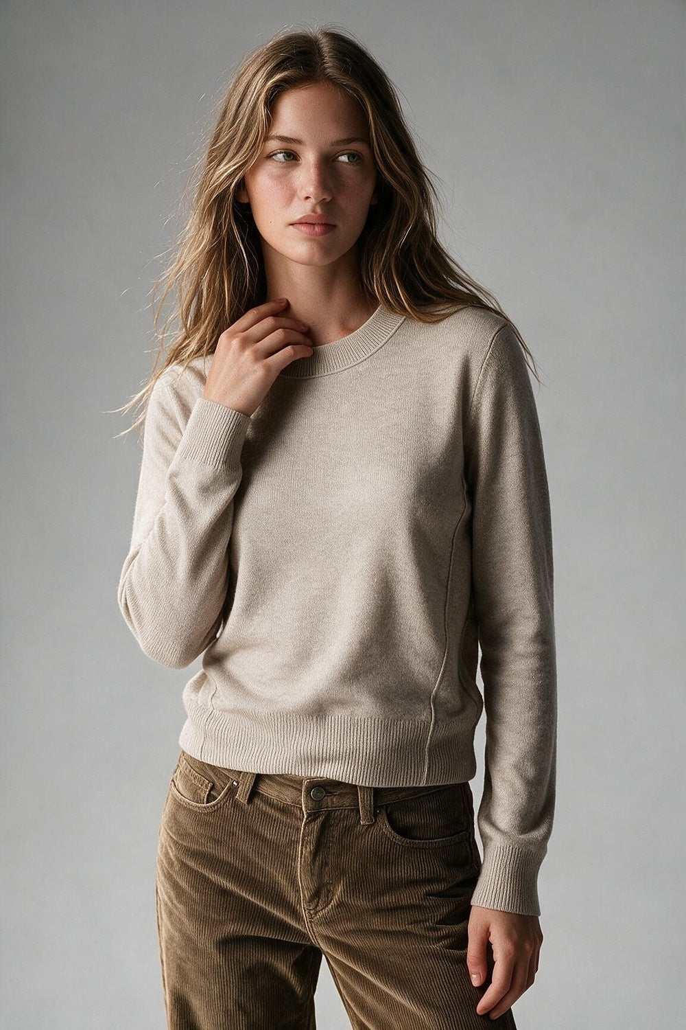 Beige Merino Wool Blend Fine Knit Crew Neck Ribbed Trim Sweater - Jumpers
