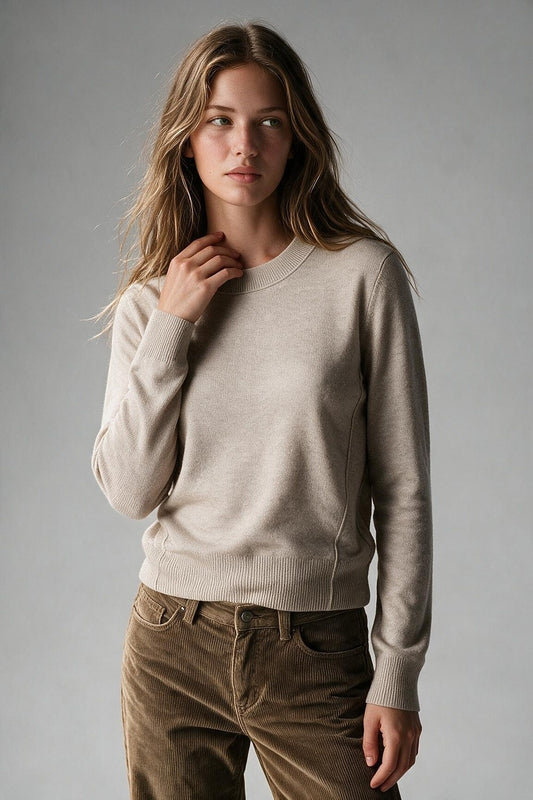 Beige Merino Wool Blend Fine Knit Crew Neck Ribbed Trim Sweater - Jumpers