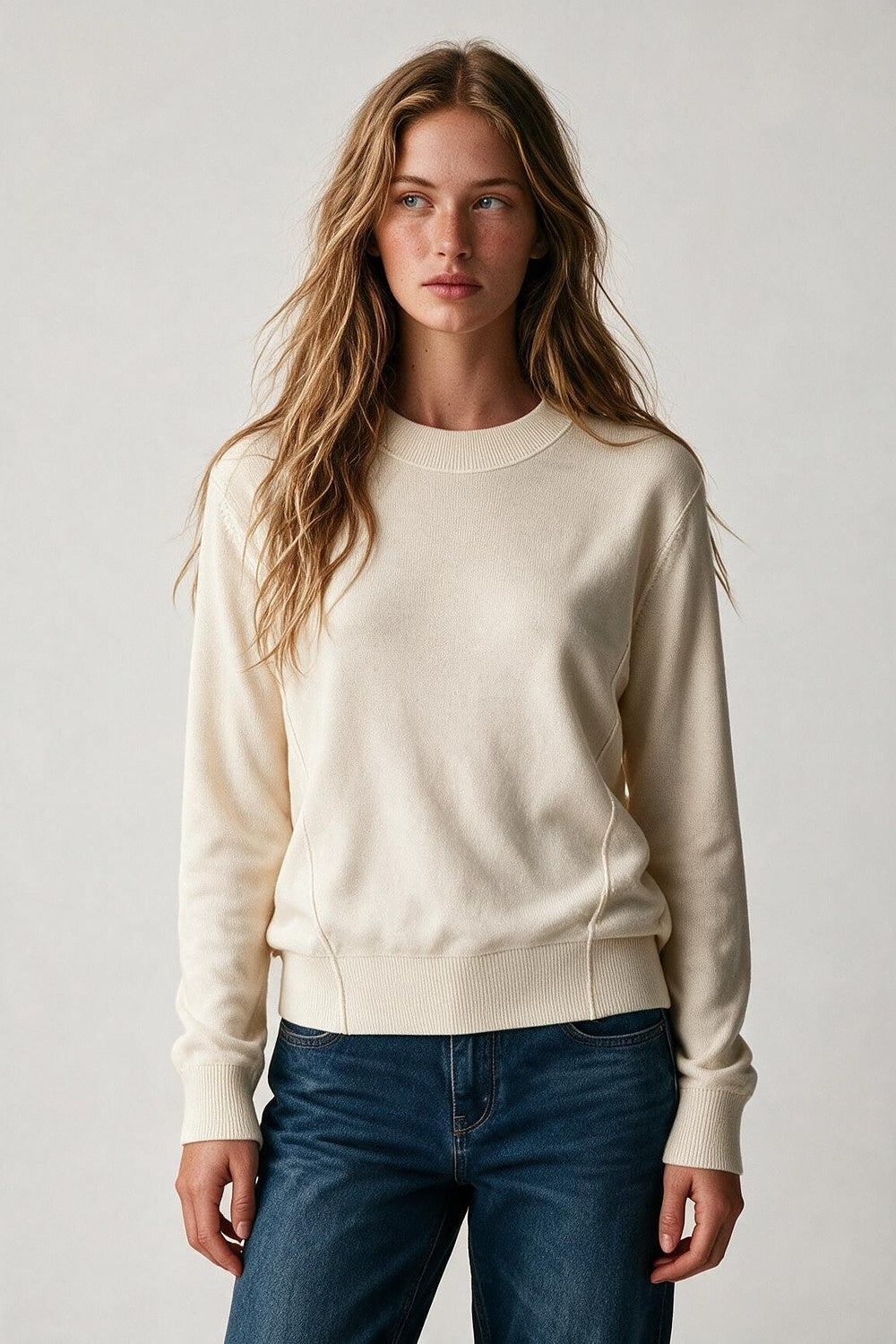 Cream Merino Wool Blend Fine Knit long sleeves Ribbed Trim Sweater