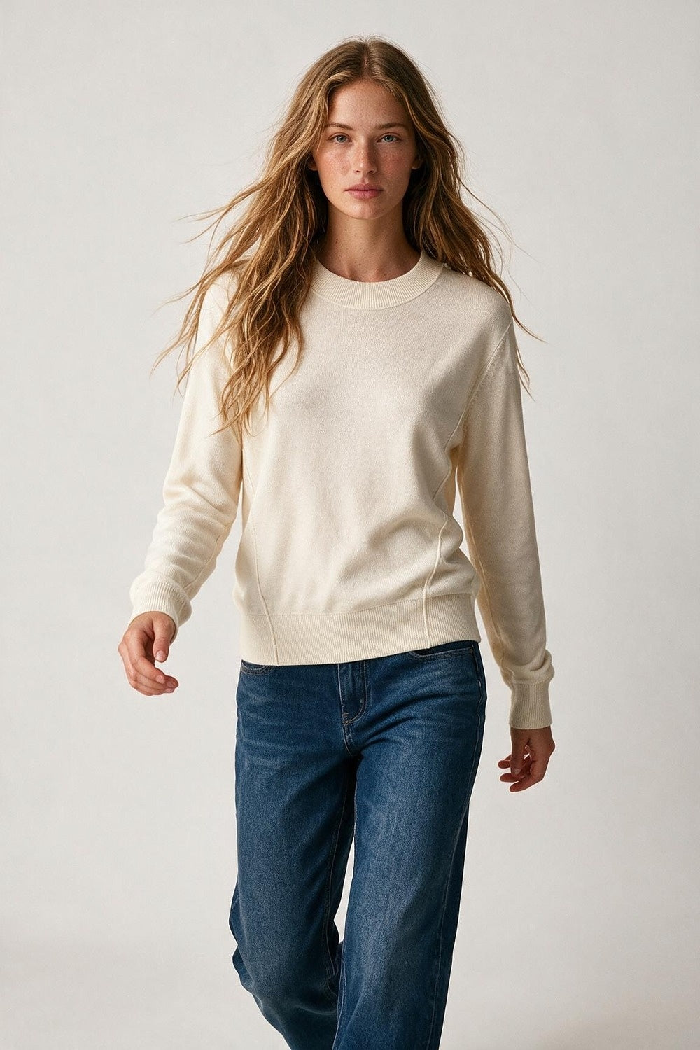 Cream Merino Wool Blend Fine Knit long sleeves Ribbed Trim Sweater - Jumpers