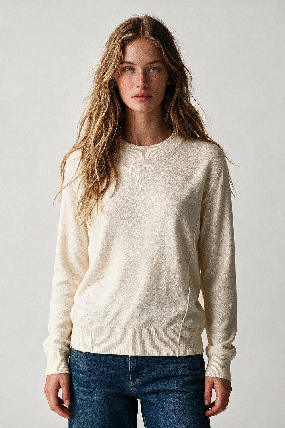 Cream Merino Wool Blend Fine Knit long sleeves Ribbed Trim Sweater - Jumpers