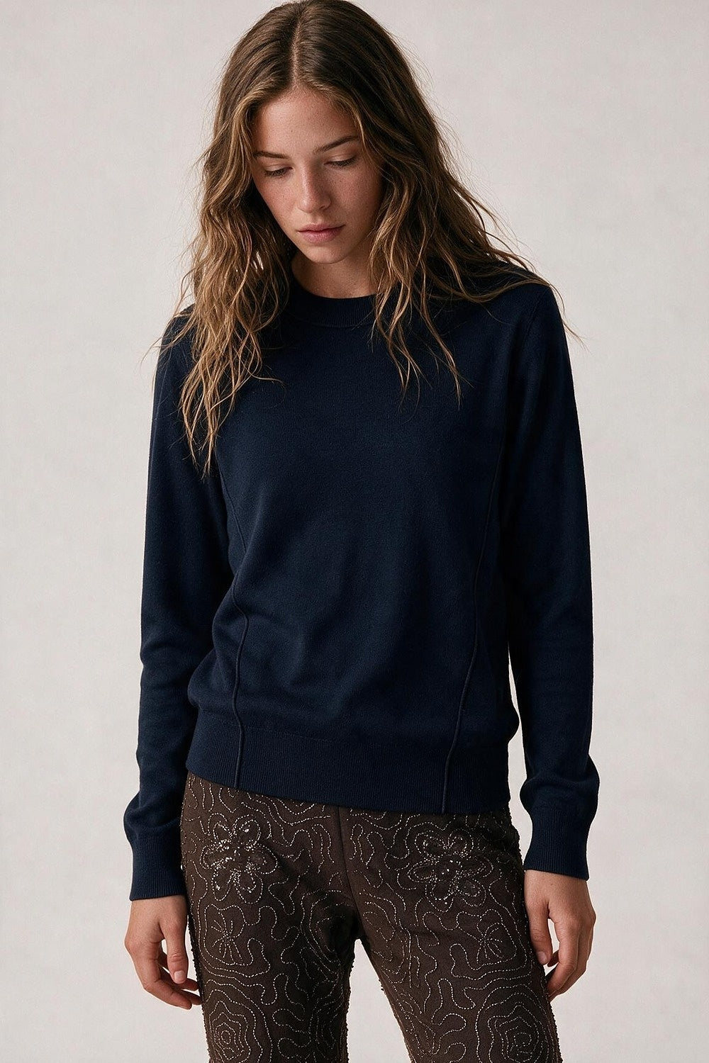 Merino Wool Blend Fine Knit long sleeves Seam Detail Sweater in navy - Jumpers