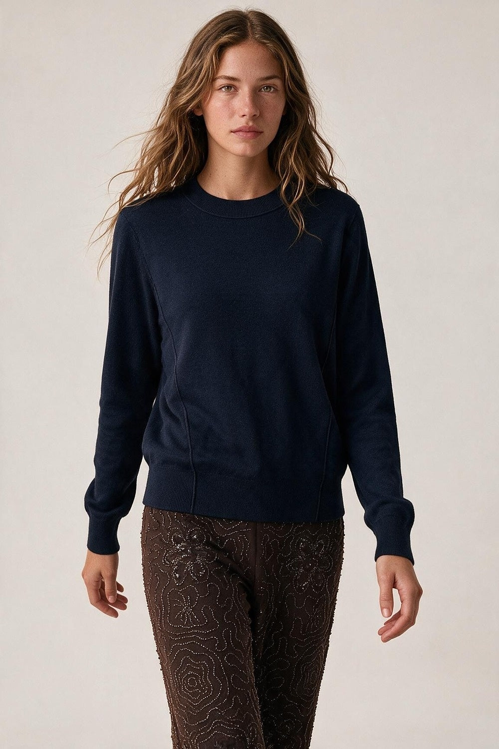 Merino Wool Blend Fine Knit long sleeves Seam Detail Sweater in navy - Jumpers