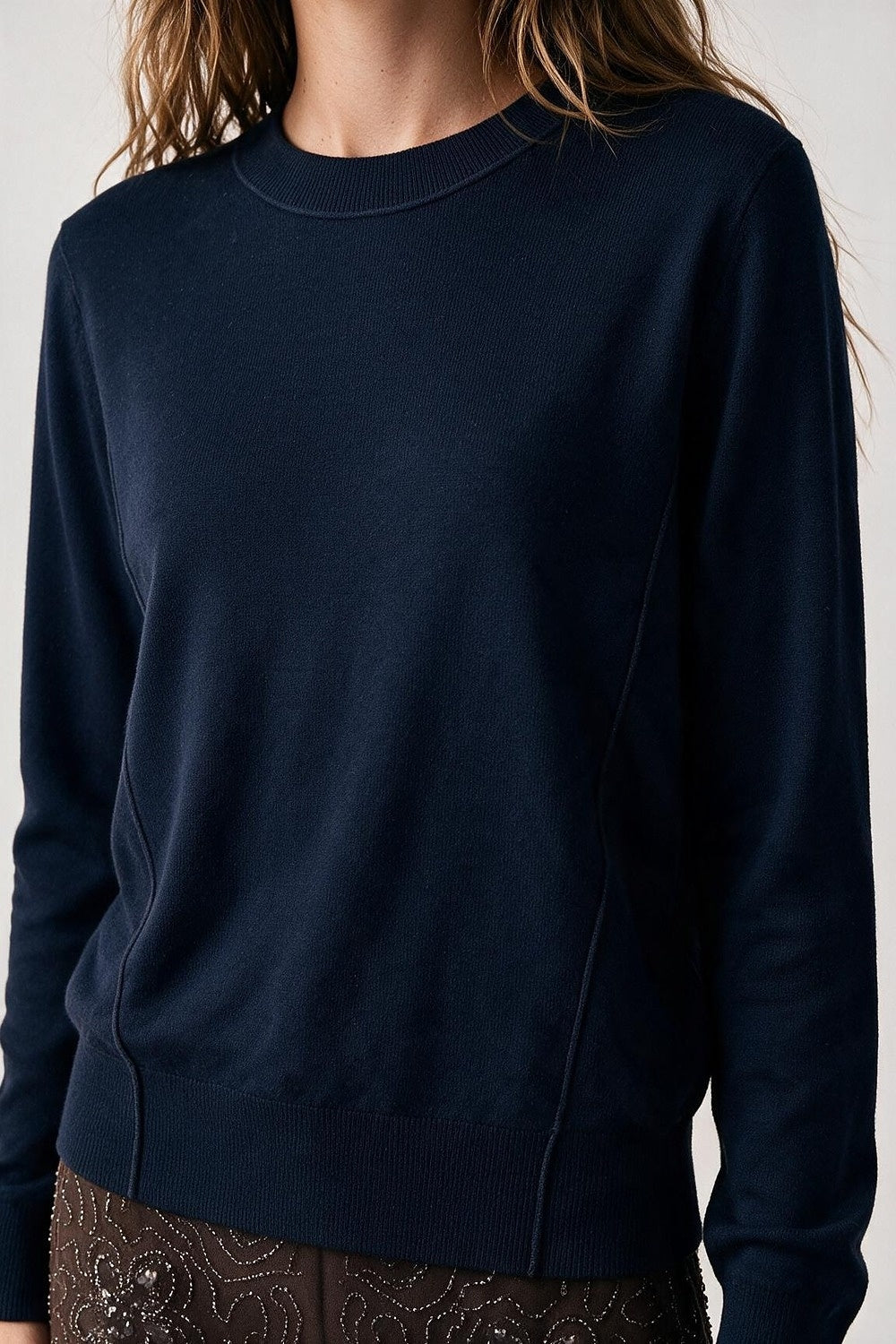 Merino Wool Blend Fine Knit long sleeves Seam Detail Sweater in navy - Jumpers