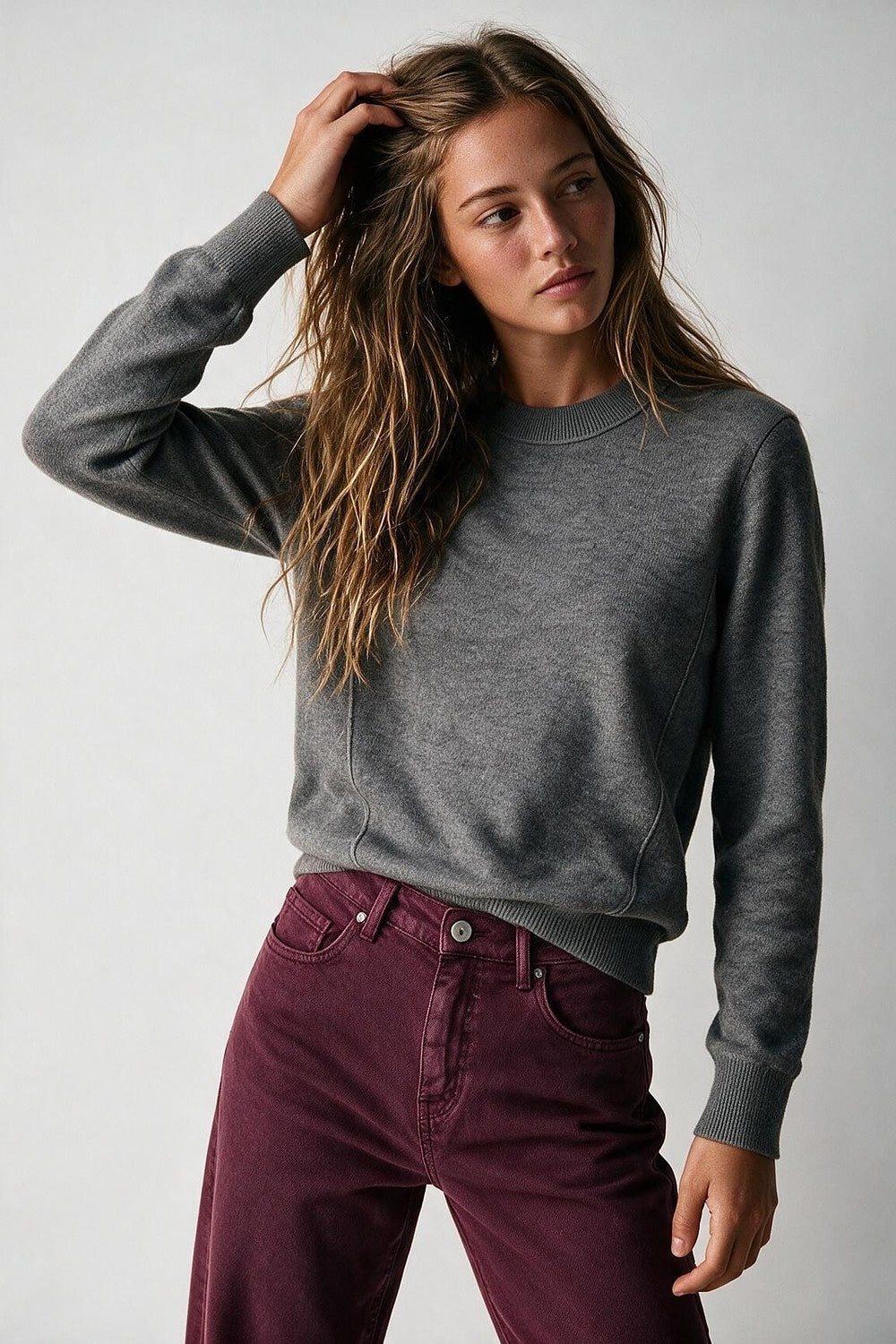 Grey Merino Wool Blend Fine Knit long sleeves Ribbed Trim Sweater - Jumpers