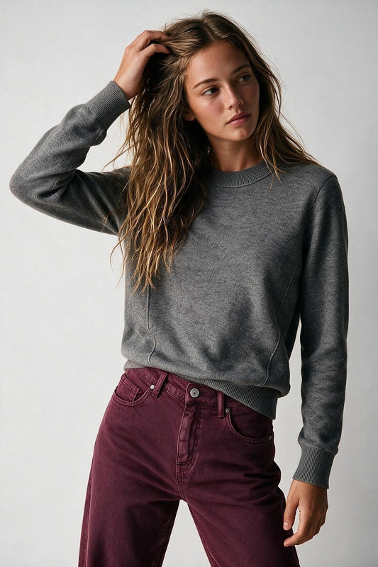 Grey Merino Wool Blend Fine Knit long sleeves Ribbed Trim Sweater - Jumpers