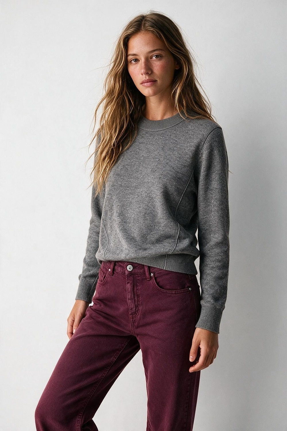 Grey Merino Wool Blend Fine Knit long sleeves Ribbed Trim Sweater - Jumpers