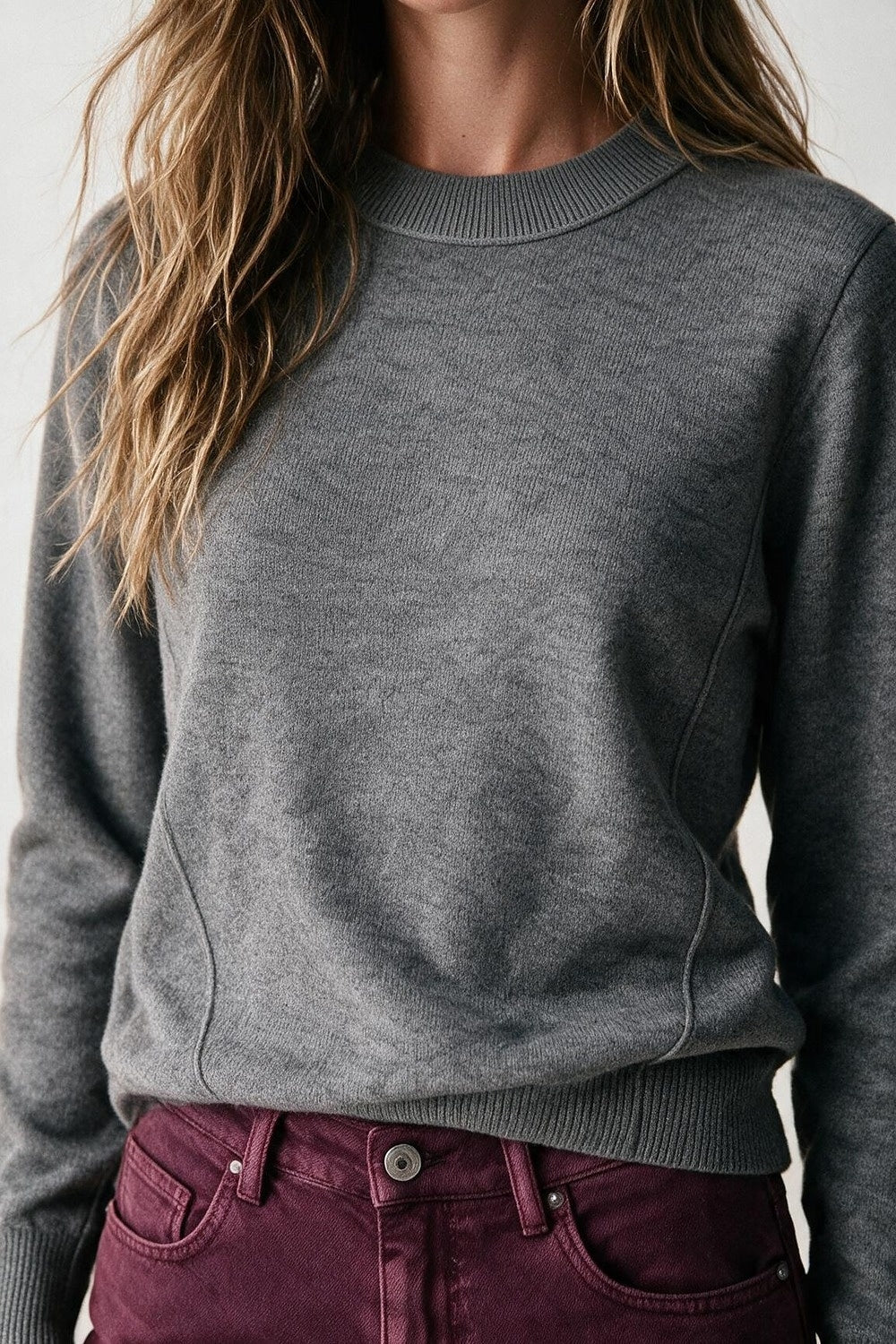 Grey Merino Wool Blend Fine Knit long sleeves Ribbed Trim Sweater - Jumpers