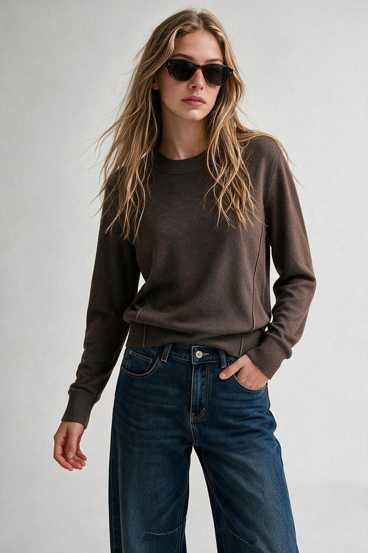 Brown Merino Wool Blend Soft Knit long sleeves Sweater - Jumpers