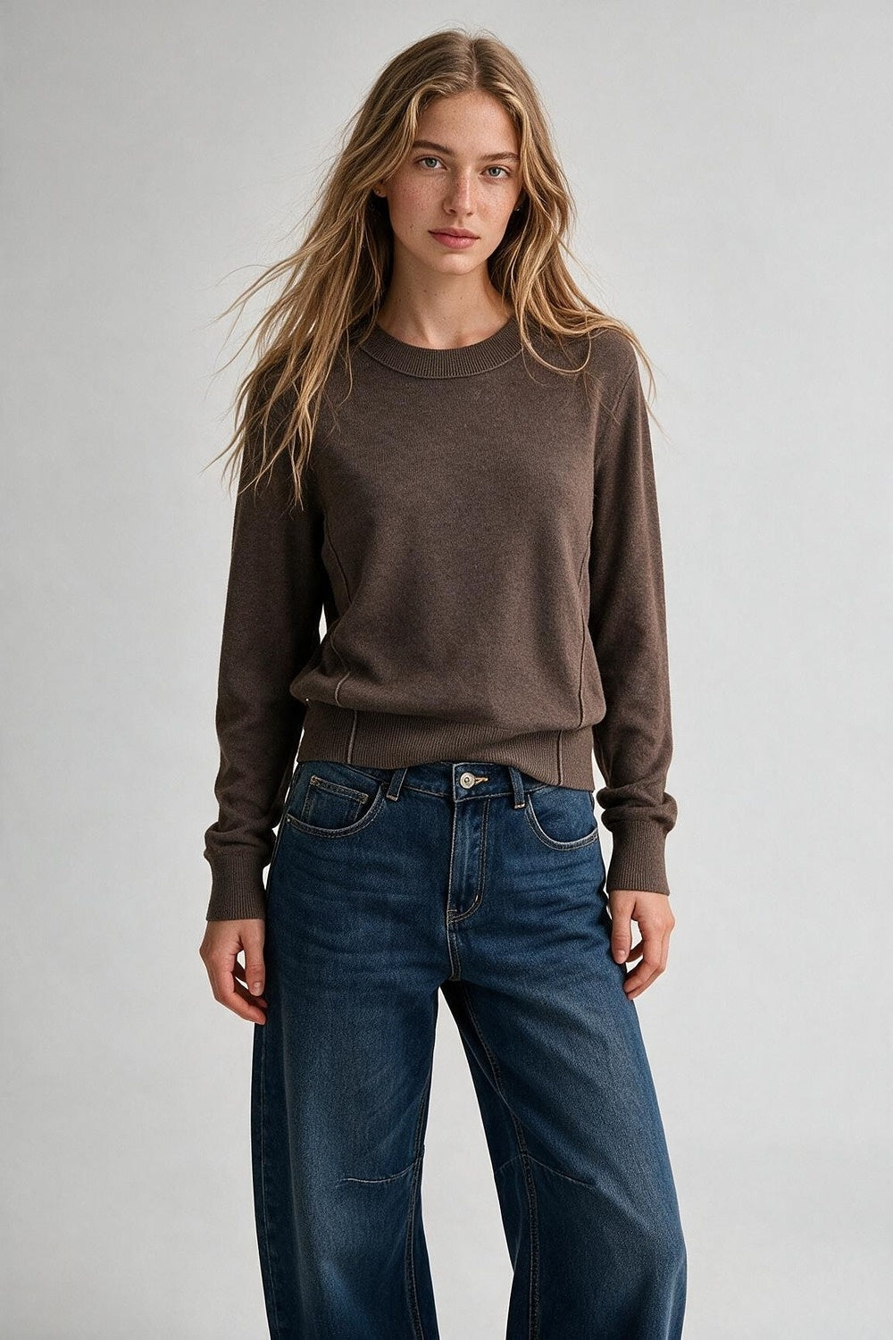 Brown Merino Wool Blend Soft Knit long sleeves Sweater - Jumpers