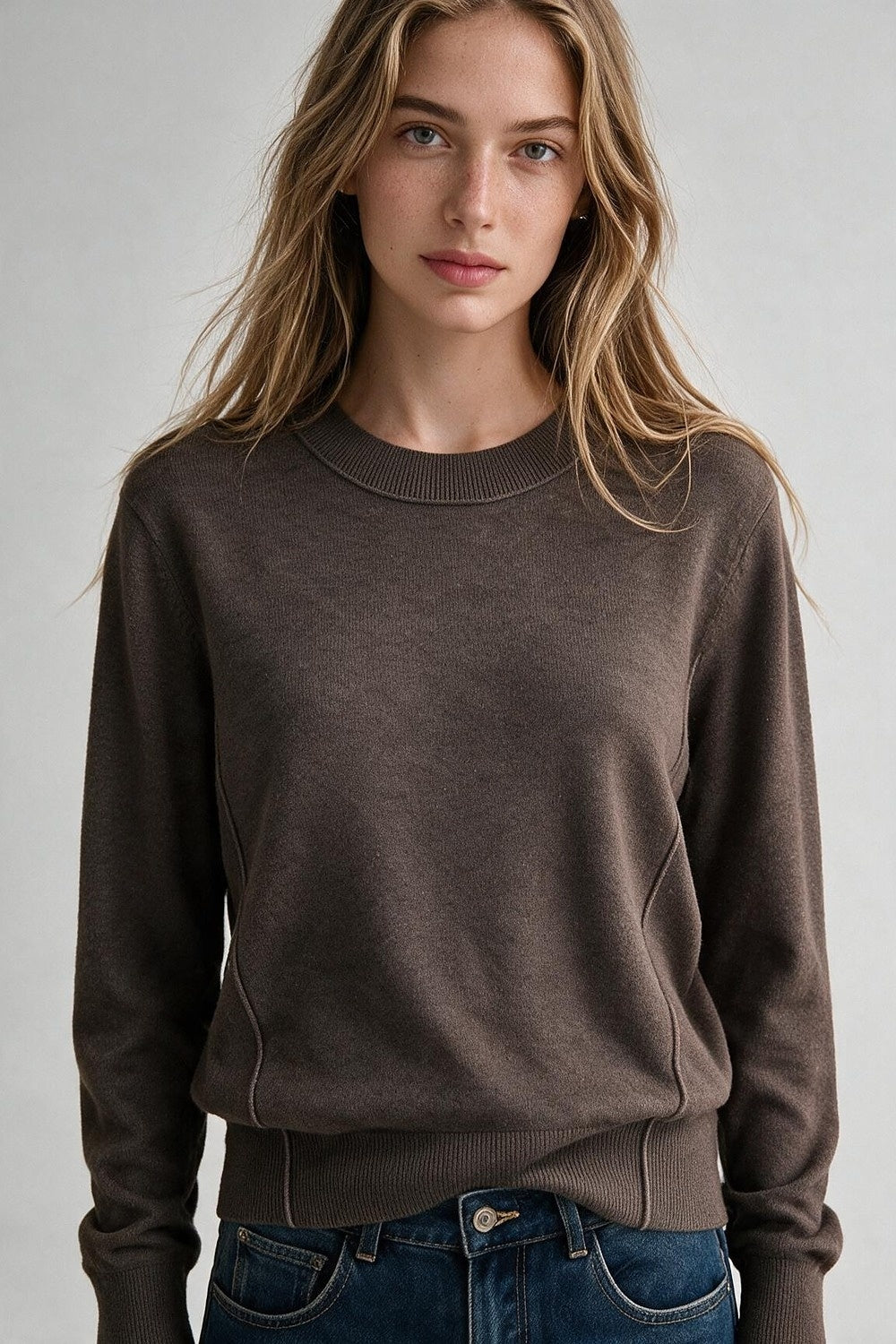 Brown Merino Wool Blend Soft Knit long sleeves Sweater - Jumpers