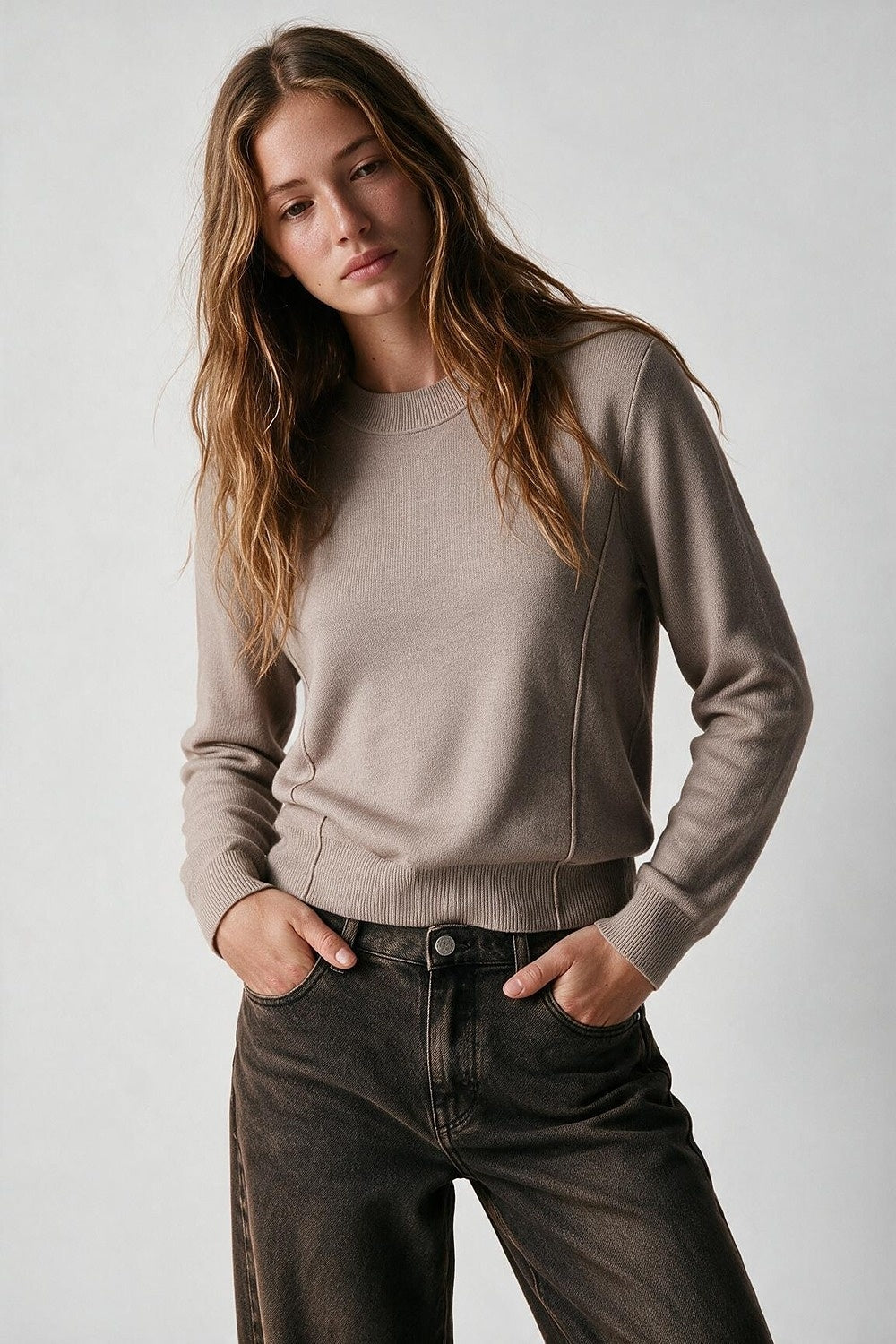 Merino Wool Blend Fine Knit long sleeves Seam Detail Sweater in Powder Pink