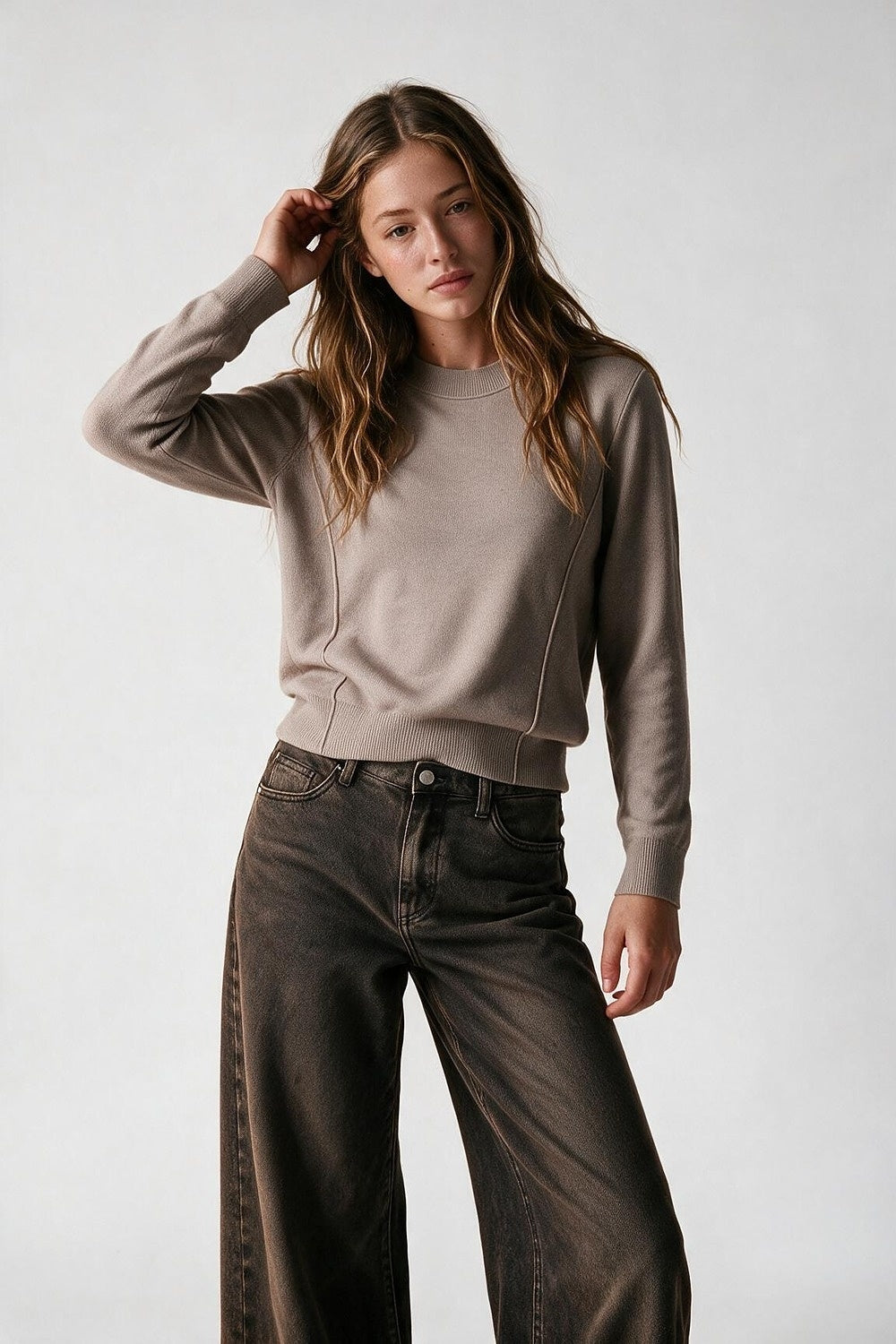 Merino Wool Blend Fine Knit long sleeves Seam Detail Sweater in Powder Pink - Jumpers