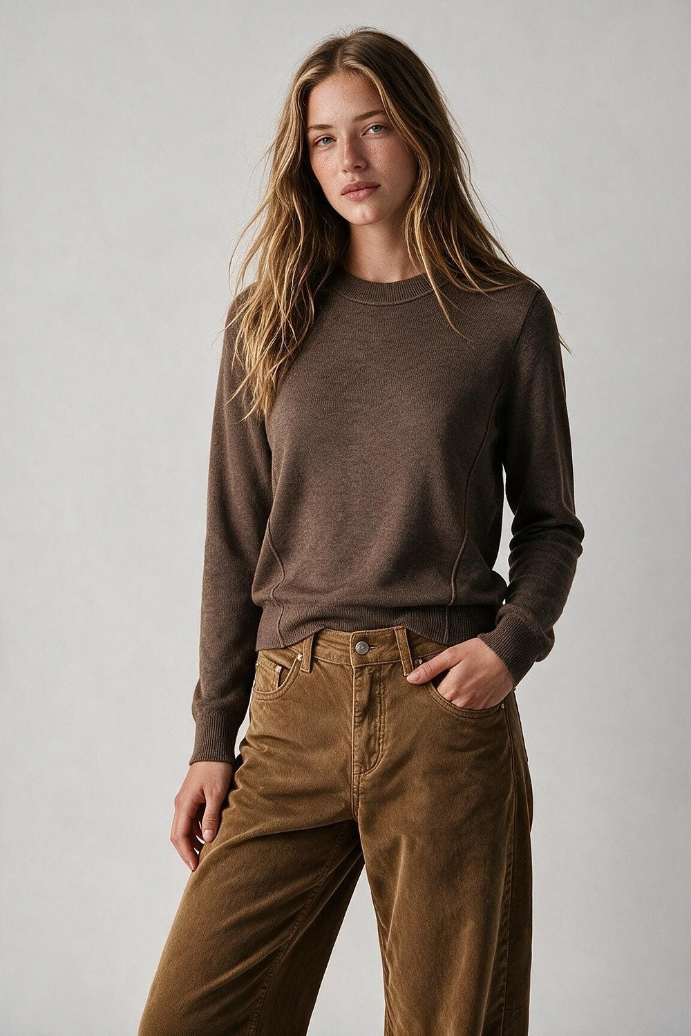 Merino Wool Blend Fine Knit long sleeves Ribbed Trim Sweater in camel - Jumpers