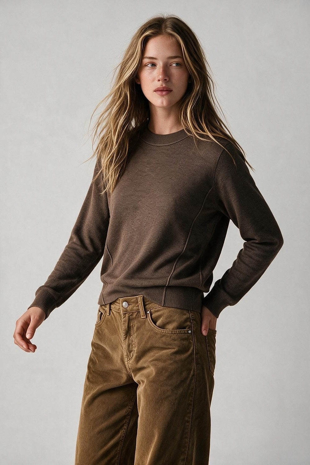 Merino Wool Blend Fine Knit long sleeves Ribbed Trim Sweater in camel - Jumpers