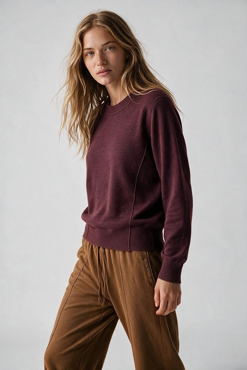 Purple Merino Wool Blend Fine Knit Crew Neck Ribbed Trim Sweater