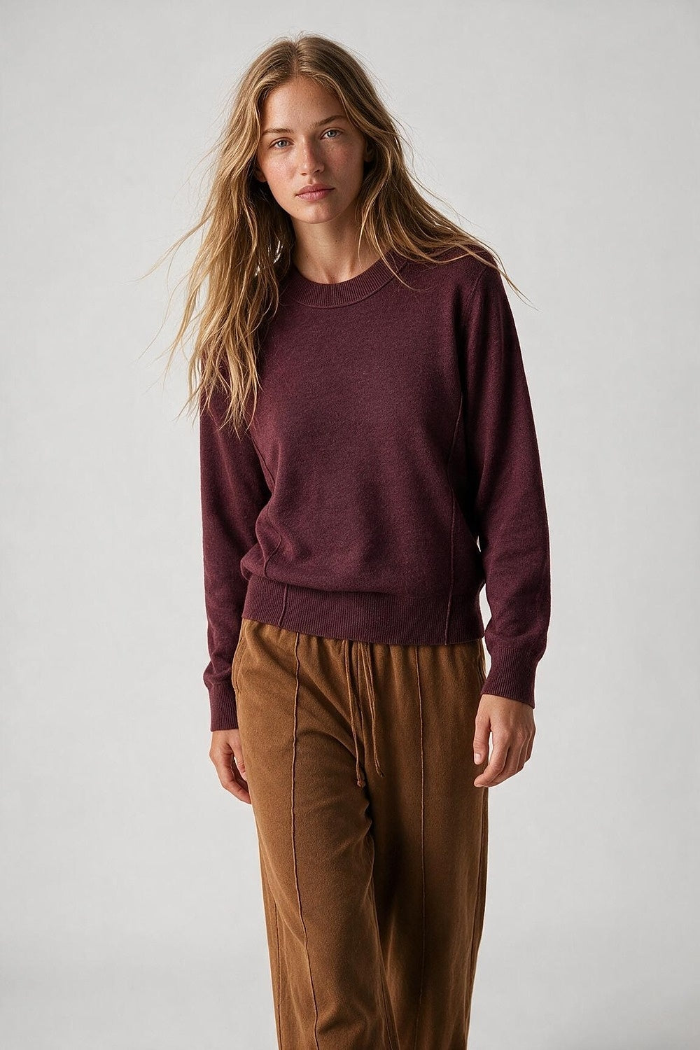 Purple Merino Wool Blend Fine Knit Crew Neck Ribbed Trim Sweater - Jumpers