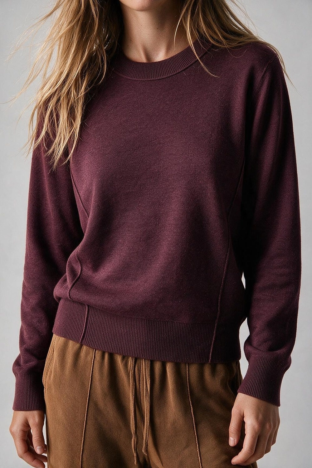 Purple Merino Wool Blend Fine Knit Crew Neck Ribbed Trim Sweater - Jumpers