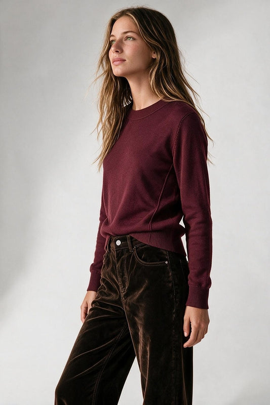 Burgundy Merino Wool Blend Fine Knit long sleeves Ribbed Trim Sweater - Jumpers