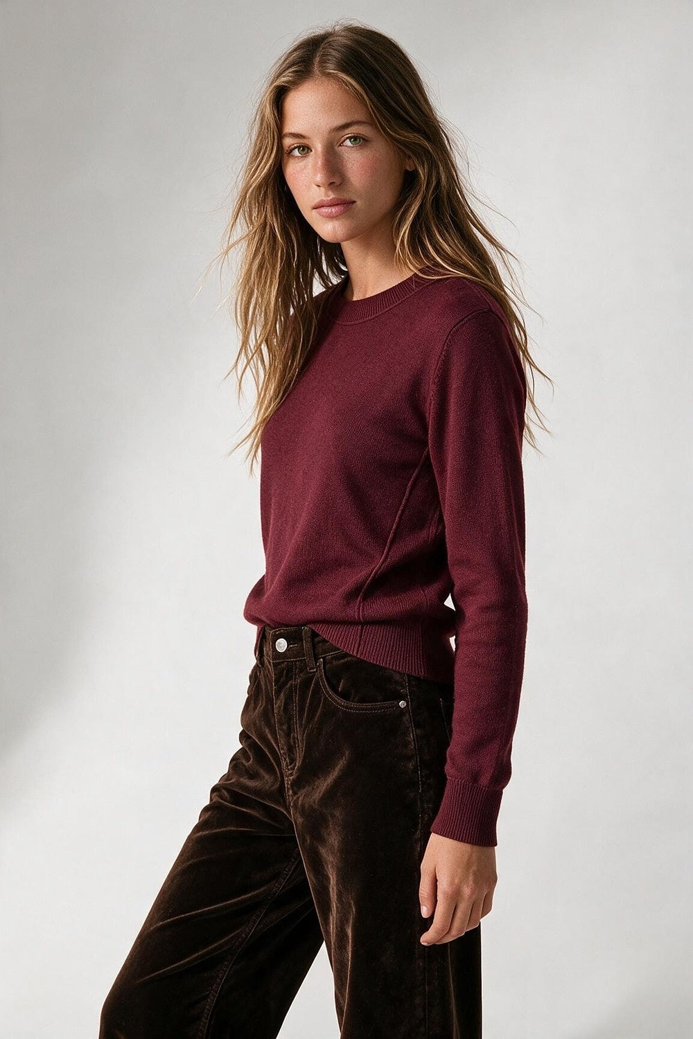 Burgundy Merino Wool Blend Fine Knit long sleeves Ribbed Trim Sweater - Jumpers