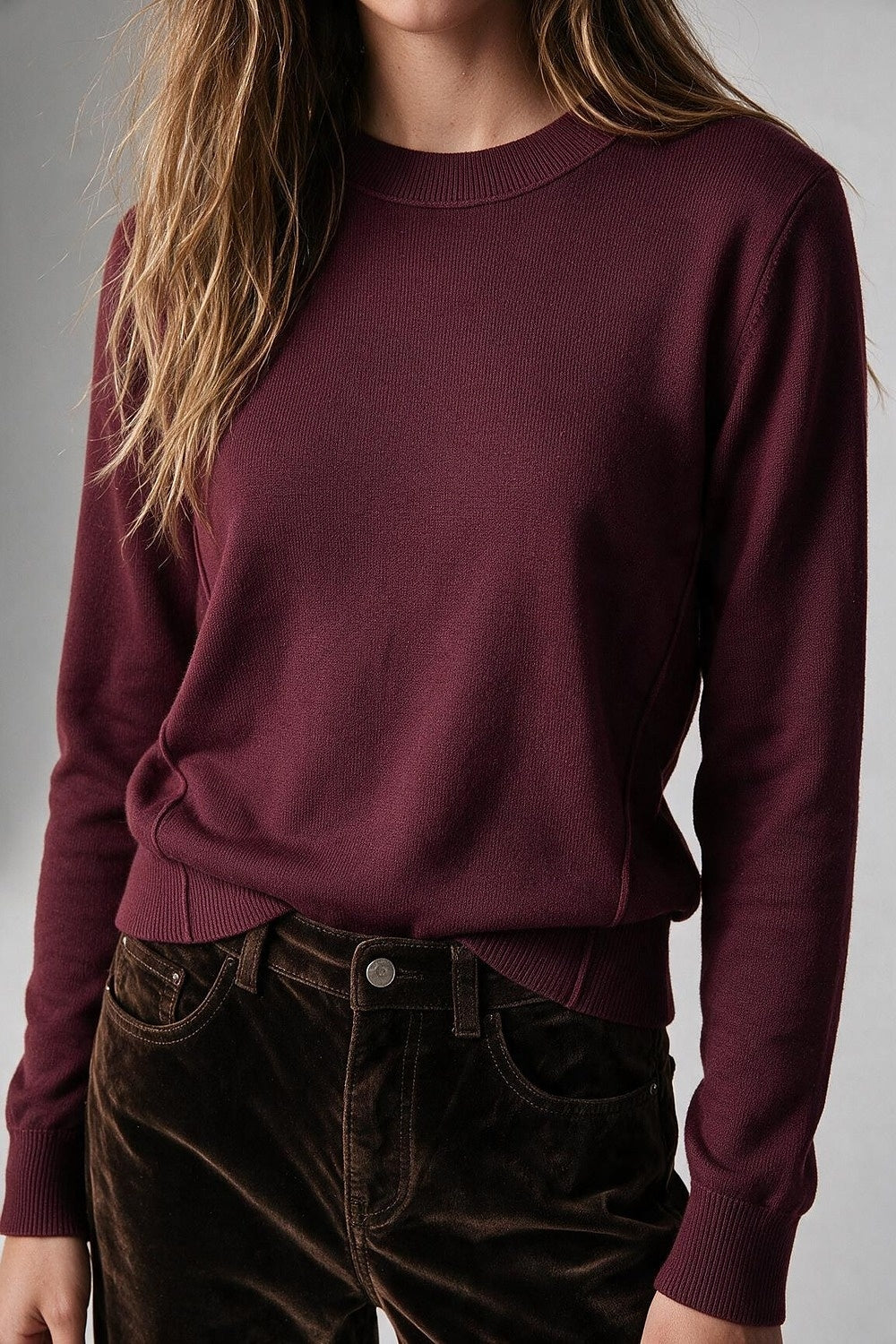 Burgundy Merino Wool Blend Fine Knit long sleeves Ribbed Trim Sweater - Jumpers