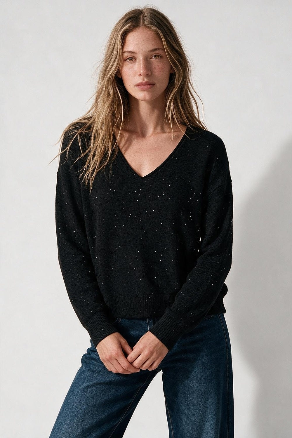Black Glitter Fine Knit V Neck Ribbed Trim Sweater with sequins embellished - Jumpers