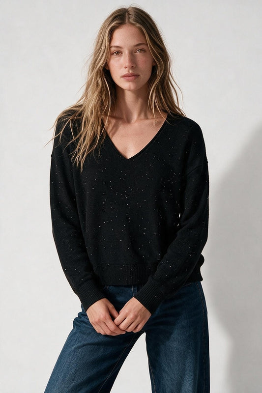Black Glitter Fine Knit V Neck Ribbed Trim Sweater with sequins embellished - Jumpers