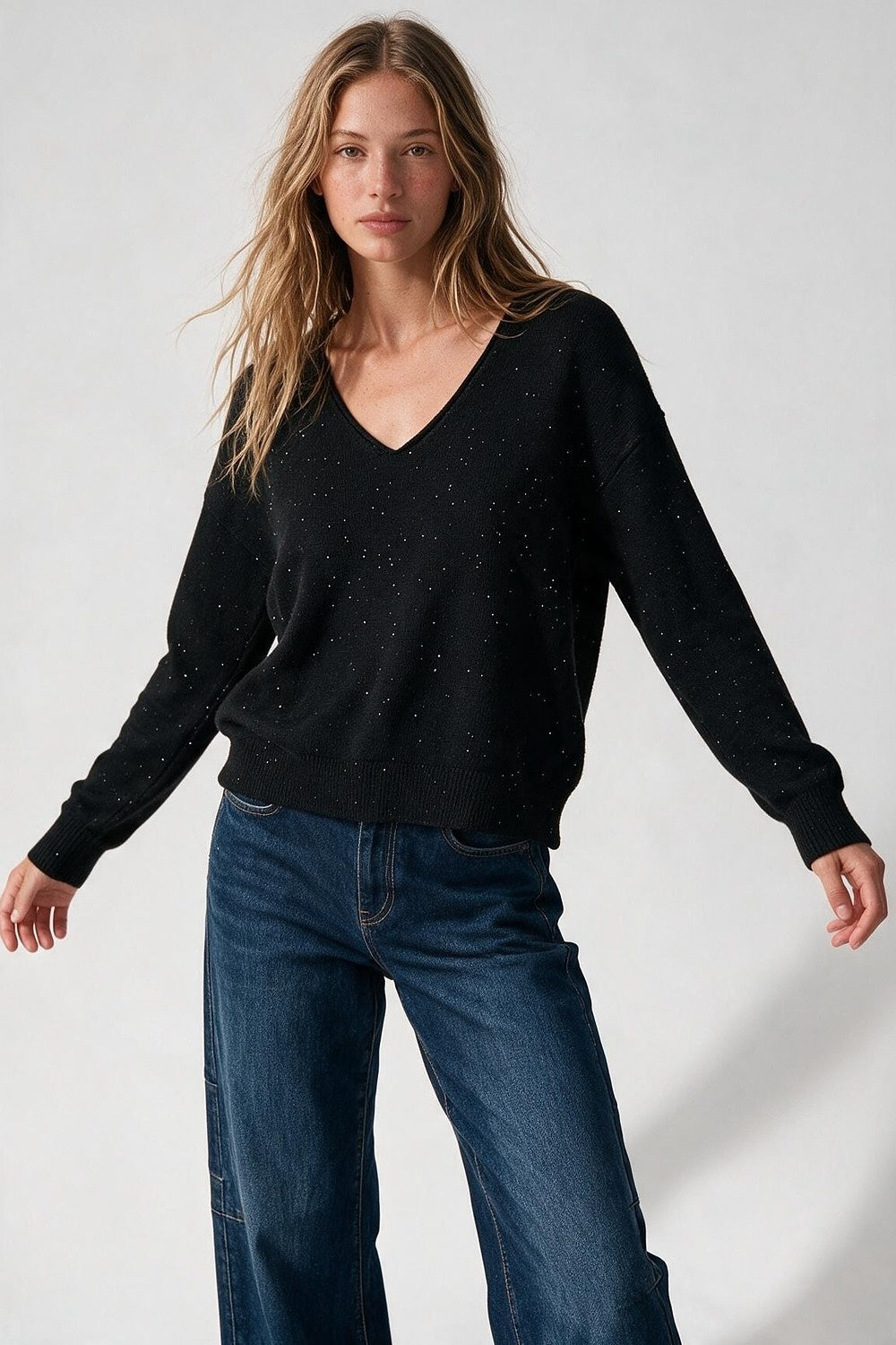 Black Glitter Fine Knit V Neck Ribbed Trim Sweater with sequins embellished - Jumpers