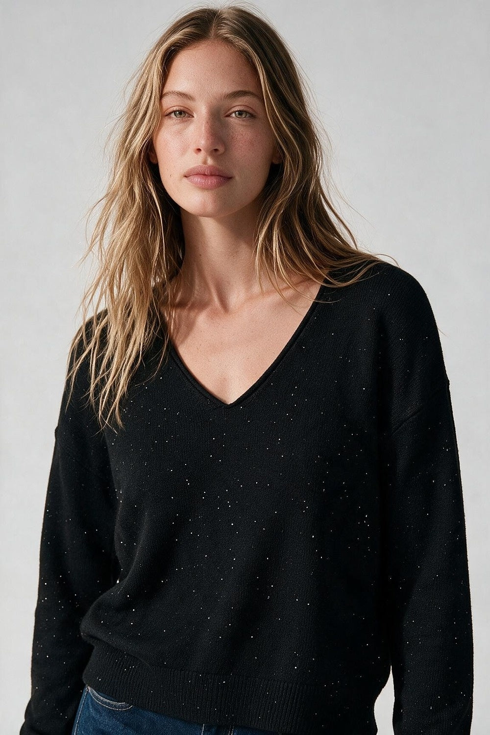 Black Glitter Fine Knit V Neck Ribbed Trim Sweater with sequins embellished - Jumpers