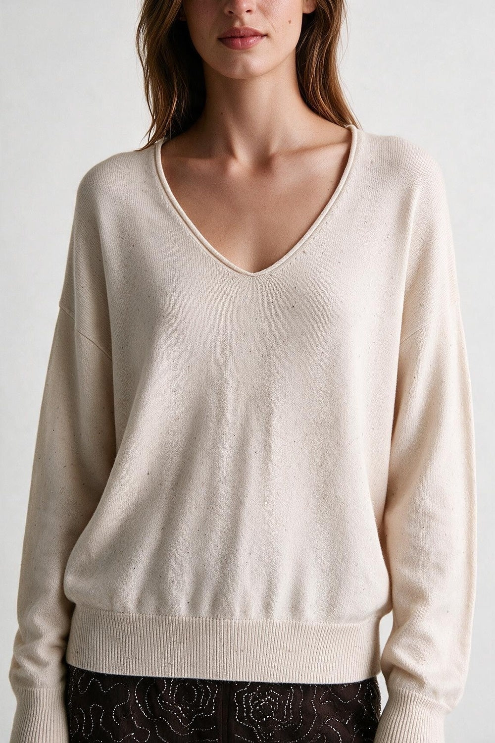 beige Speckled Soft Knit V Neck Ribbed Sweater with sequins embellished - Jumpers